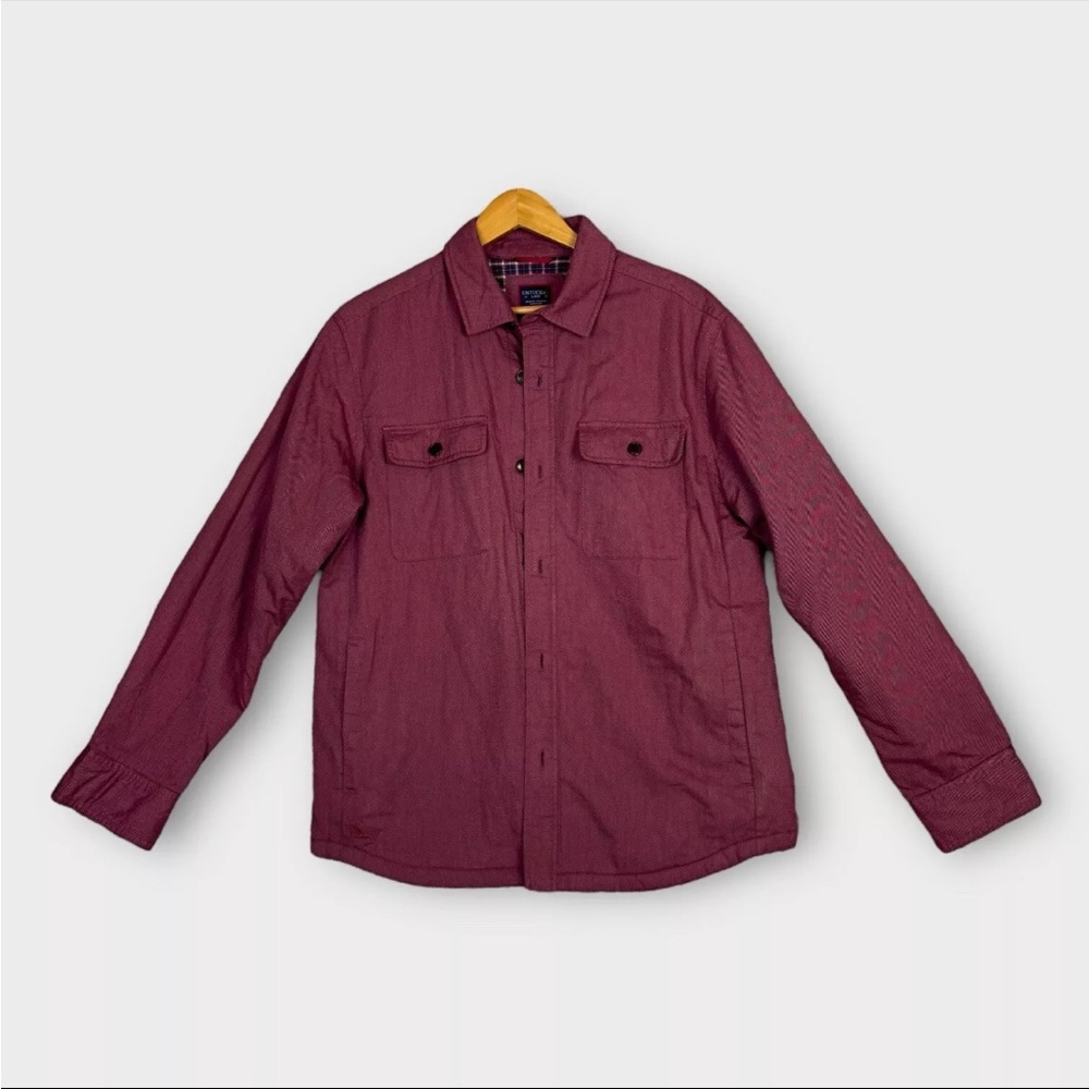 UNTUCKit Barn Coat Mens Sz Large Burgundy Plaid Blanket Lined Button Up Flannel